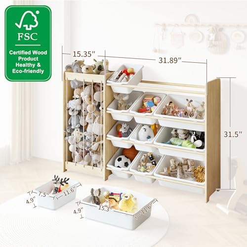 EXPERLAM Kids Toy Storage Organizer, 2-in-1 Stuffed Animal Storage & Toy Organizer w/12 Bins, Solid Wood Toy Rack Featuring Thicker Elastic Ropes to Hold Toys, Playroom Nursery Bedroom Storage, White - Image 2