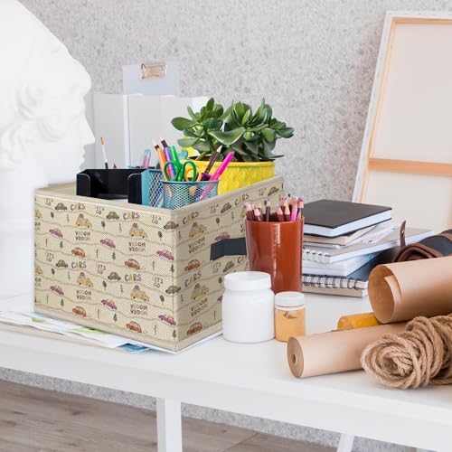 Vintage Car Nursery Foldable Storage Bins Box with Handles, Neutral Car Vehicle Collapsible Toys Books Clothes Organizer Basket for Kids Nursery Room Bedroom Bathroom Playroom - Image 3