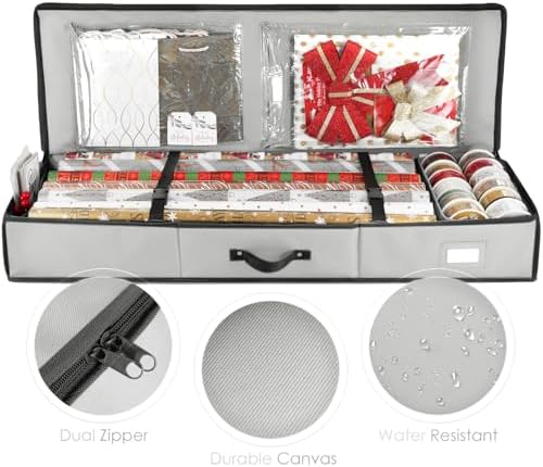 Hearth & Harbor Wrapping Paper Storage Container - Christmas Storage Bag with Interior Pockets - Gift Wrap Organizer Fits Up to 22 Rolls of 40" - Tear Proof, Silver - Image 2