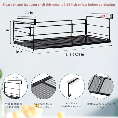 Expandable Under Cabinet Shelf, Extendable Under Shelf Storage with Removable Wire-Like Back for Pantry Cabinet, Laundry Room, Shoe Rack. (Black, 2 Pack, Interior: 5" H x 10" D) - Image 2