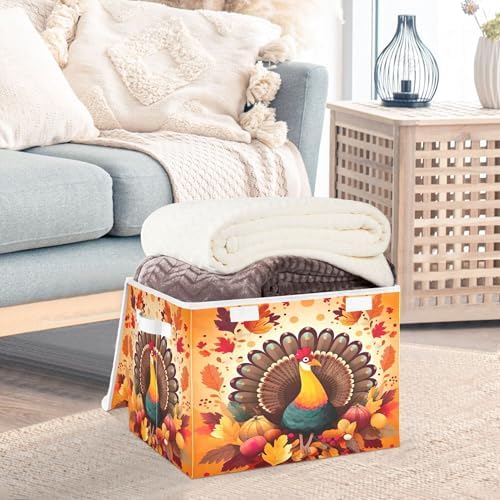 Thanksgiving Turkey Storage Bins with Lids and Carrying Handle,Foldable Storage Boxes Organizer Containers Baskets Cube with Cover for Home Bedroom Closet Office - Image 5
