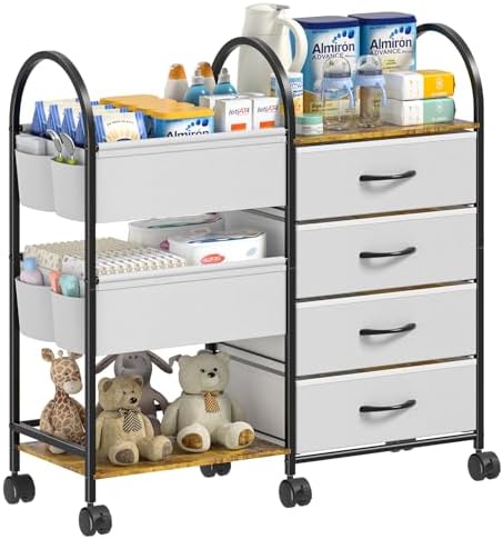 Baby Diaper Caddy Organizer Cart with Wheels, 4-Tier Rolling Diaper Cart with Dividers and Drawers, Multi-Layer Nursery Storage for Diapers & Baby Essentials by Nylaira