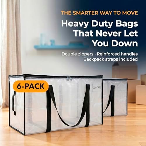 ClearSpace Heavy Duty Moving Bags - Water Resistant Storage Bags with Backpack Straps, Zippers and Handles - Large Moving Boxes for College Dorm, Travel, Closet Organization - 6 Pack, Clear - Image 3