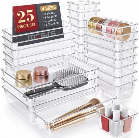 Masirs Clear Drawer Organizers Set 25 PCS – Plastic Storage Bins for Desk, Kitchen, Bathroom, Vanity – Modular, Stackable, Non-Slip Drawer Organizer Trays for Makeup, Utensils, Office Supplies by Masirs
