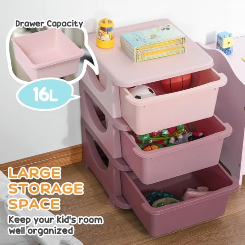 Qaba 3 Drawers Kids Storage Unit 3 Tier Toy Organizers Pink - Image 4