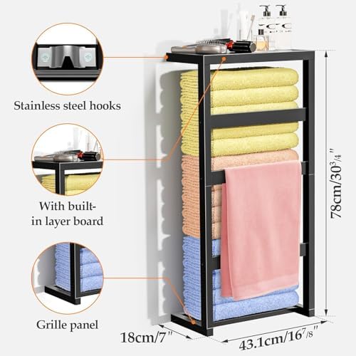 Bamboo Wall Blanket Ladder, 4-Tier Towel Racks, Blanket Holder with Anti-Slip Construction Home Decor, Decorative Blanket, Quilt, Towel, Scarf Ladder Shelves for Bathroom, Living Room, Bedroom, Black - Image 3