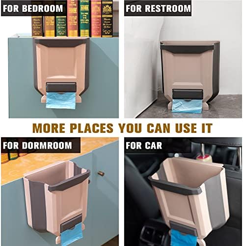 Hanging Kitchen Trash Can, Foldable Waste Bin for Kitchen, Collapsible Hang Small Plastic Garbage Can 2.4 Gallon for Cabinet/Car/Bedroom/Bathroom (Brown) - Image 2