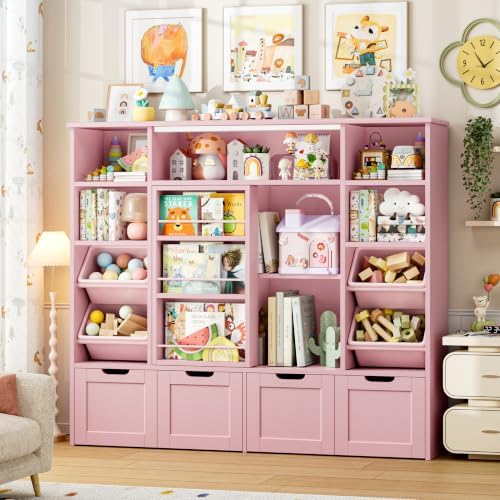 FINETONES Toy Storage with Sliding Bookshelf, Toy Organizer with 4 Bins - Image 2