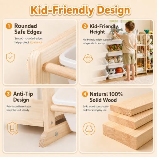 4-in-1 Toy Storage Organizer with 2 Bookshelf, 1 Stuffed Animal Storage and 12 Plastic Bins - Toys Organizer for Kids Room - Wooden Toy Rack for Playroom, Bedroom, Nursery Decor - Image 5