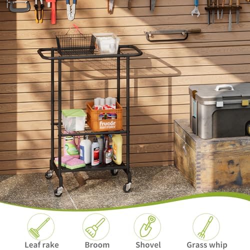 3-Tier Garden Tool Organizer with Wheels, Garage Floor Rolling Storage Cart on Wheels Heavy Duty Metal Rolling Storage Cart, Yard Tool Tower Rack for Garage, Patio, Shed, Indoor Outdoor - Image 3