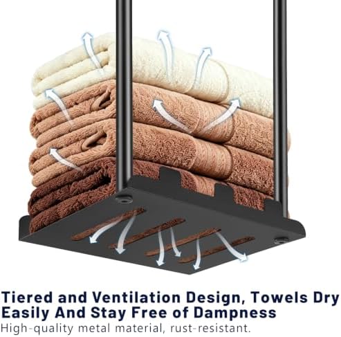 Towel Racks for Bathroom, Towel Holder Bathroom Towel Storage Wall Mounted Towel Rack with Shelf Can Holds 6 Large Towels, Wall Towel Rack for Rolled Towels, Black - Image 5