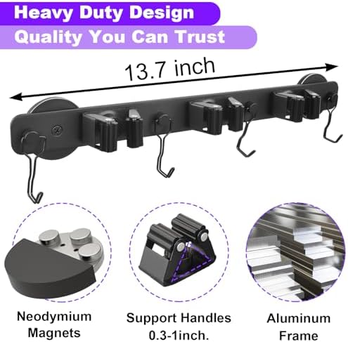 Magnetic Mop Broom Holder, Heavy Duty Magnetic Mop Hanger with Swivel Hooks for Cleaning Tools, Strong Magnet Mount Tool Hanger Organize System Utility Rack for Refrigerators Laundry Garage Kitchen - Image 5