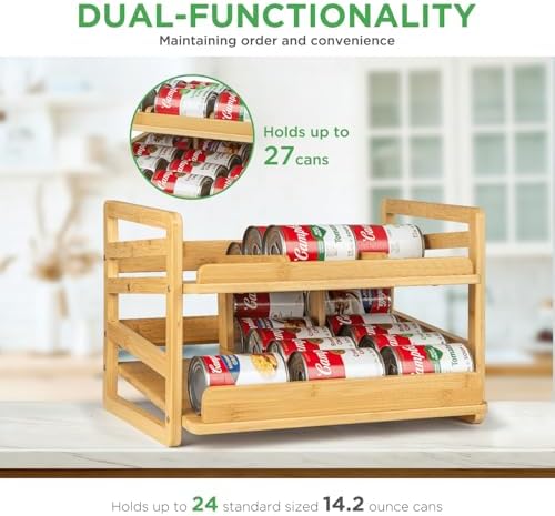2 Tier Bamboo Rolling Can Rack Organizer for Pantry Up To 27 Cans - Image 4