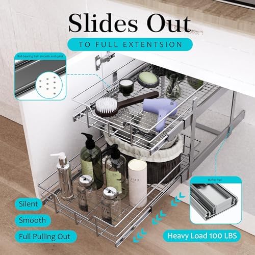 2 Tier Pull Out Cabinet Organizer 15" W X 22" D, Chromed, Full Slide Out - Image 3