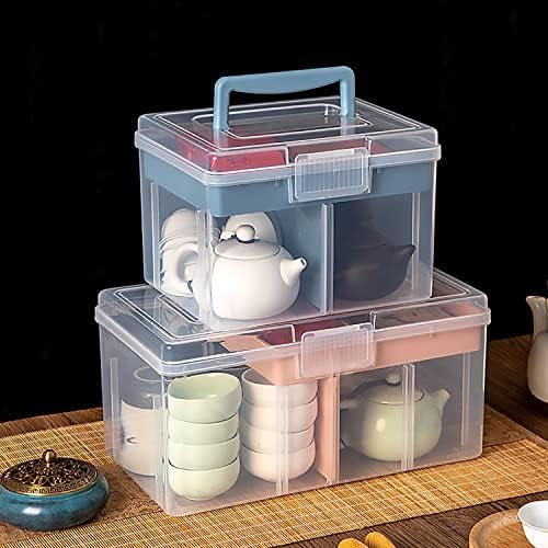 Clear Small Plastic Storage Box with Handle & A Removable Tray & Adjustable Divider, Kids Students Children Art Box, Desk Organiser Case, Medicine Storage Box (Clear & Ocean Blue) - Image 7