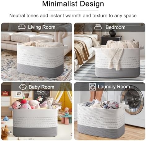 OIAHOMY 108L Extra Large Blanket Basket, 25”x16”x16” Rectangle Woven Cotton Rope Baskets for Living Room, Toy Storage with Handle- Gradient Grey - Image 6