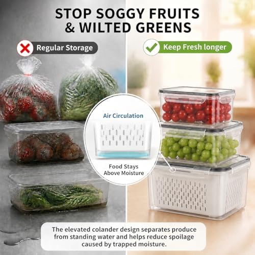 Fruit Storage Containers for Fridge with Lids, Fridge Organizers and Storage Produce Saver Box with Removable Drain Basket for Fruit Berry Salad Vegetable Meat, 380ml to 3150ml (4 Pack) - Image 4