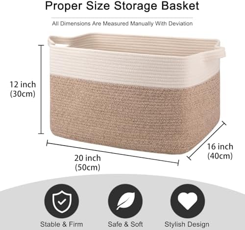 OIAHOMY Large Blanket Basket, 65L Cotton Rope Woven Laundry Basket, Toy Bin for Baby Room, Container for Blanket Storage in Living Room, 20''×16''×12'', Brown & White - Image 3