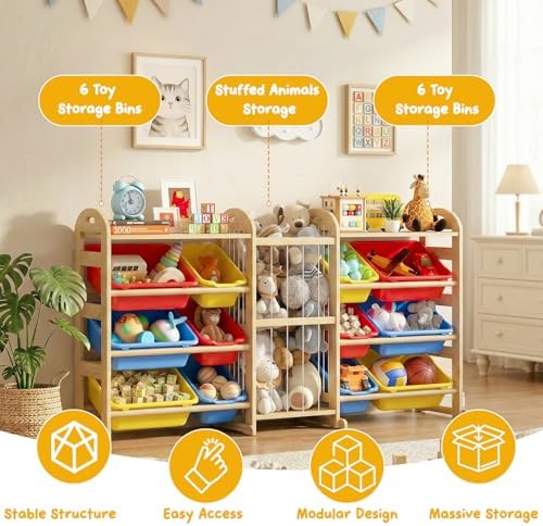 Toy Storage Organizer with Stuffed Animal Storage, 66.1"W Multi Color, 2-Shelf Bookcase / Bookshelf with 12 Toy Bins, Large Toy Organizers and Storage, Toy Box for Playrooms, Bedrooms Organization - Image 6