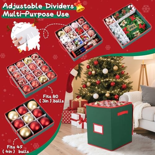 OIAHOMY Ornament Storage Box Holds 80 Christmas Ornaments, Christmas Ornament Storage Include Trays and Zippers, Ornament Organizer with Handle, Made of 600D Oxford Fabric - Green - Image 5