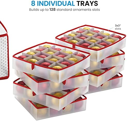ZOBER Christmas Ornament Storage Box - Stores 128 Ornaments W/ 2 Sided Zipper - Flexible Plastic Christmas Ornament Storage Containers - 3 Inch Cube Compartments - Red - Image 4