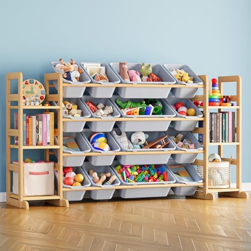 SpaceAid Toy Storage Organizer with 6 Shelves and 16 Bins, Toy Organizers Storage Bookshelf, Kids Bin Shelf Toys Box Bookcase for Bedroom Playroom Organization Room Decor, Neutral Gray by SpaceAid