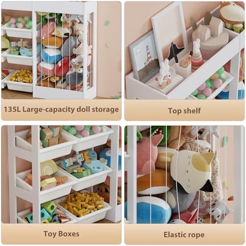 50.6"Wx39.4"H Toy Storage Organizer, Toy Shelf with Stuffed Animal Storage Zoo for 80+ Plushies, 6 Removable Plastic Bins, Wooden Organization for Playroom, Nursery(White) - Image 6
