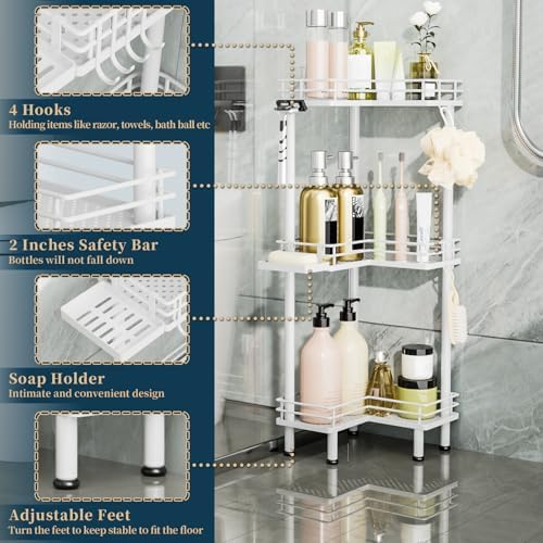 Consumest Corner Shower Caddy Standing - 3-Tier Stainless Steel Shower Organizer with Soap Holder and 4 Hooks, Large Capacity Corner Shelf Stand for Bathroom, Rest Room, White - Image 3