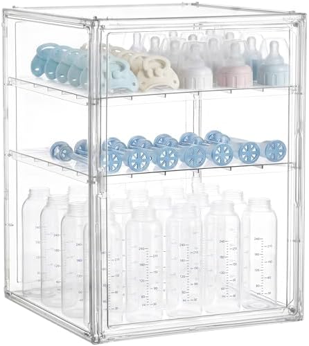 HBlife Baby Bottle Storage Organizer for Countertop Cabinet, 3 Tiers Adjustable Clear Acrylic Bottles Storage Station Case Box Container with 2 Removable Dividers and Magnetic Door, XXL by HBlife