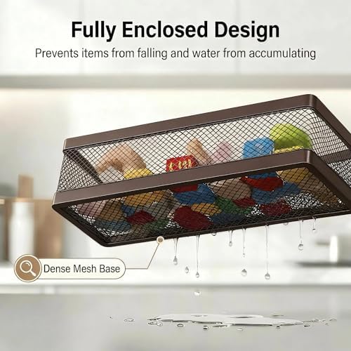 PUSDON 5-in-1 16.5" Extra Long Slim Wall Mount Wrapped Mesh Kitchen Organizer & Shower Caddy Kit, with Paper Towel Holder, Utensil Holder, Soap Dish, Holds 50LBS - Vintage Bronze, Netting - Image 4