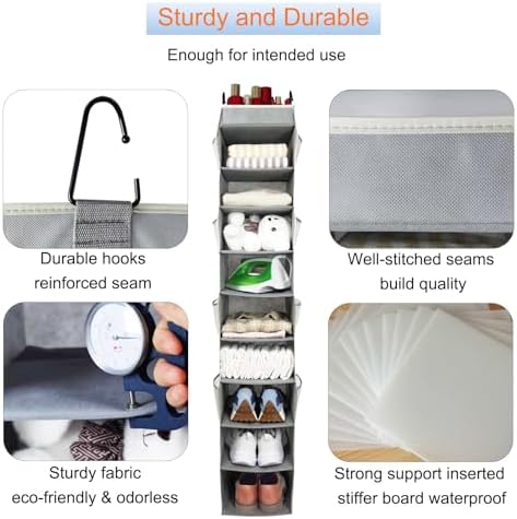 Large-Sized Hanging Shoe Organizer 10-Shelf, Sturdy Hanging Closet Organizer with 8 Side Pockets, Wider Hanging Shelves for Storage Shoes Clothes Jeans Shirts Toys, Grey - Image 5