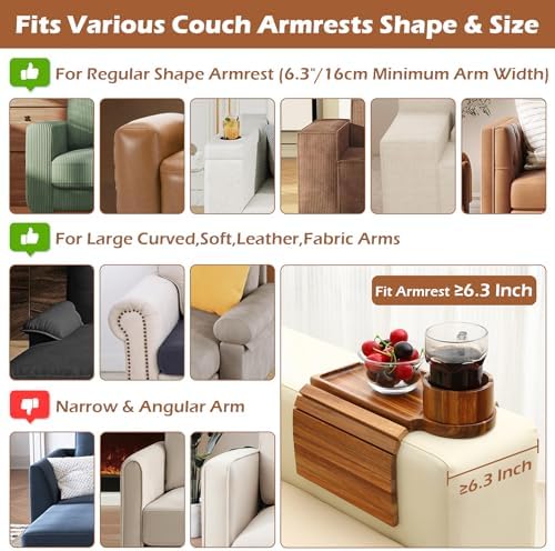 GHKINMAL Couch Cup Holder Tray,Sofa Arm Tray, Fits 6.3"+Wide,Acacia Wood - Image 3