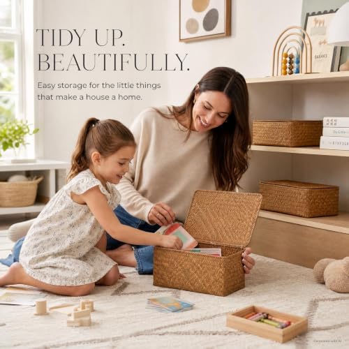 Decorative Wicker Storage Boxes with Lids - Set of 3 Seagrass Organizers - Image 4