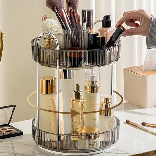 Aveniee 360° Rotating Makeup Organizer for Vanity, Upagraded Perfume Skincare Bathroom Counter Organizers with Brush Divider, Two Tier Spinning Lipstick Cosmetic Lotion Storage,Grey by Aveniee