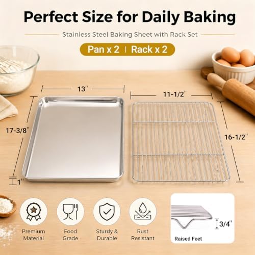 Onader Stainless Steel Half Baking Sheet Pan with Wire Rack Set, 18x13 Inch - Image 2