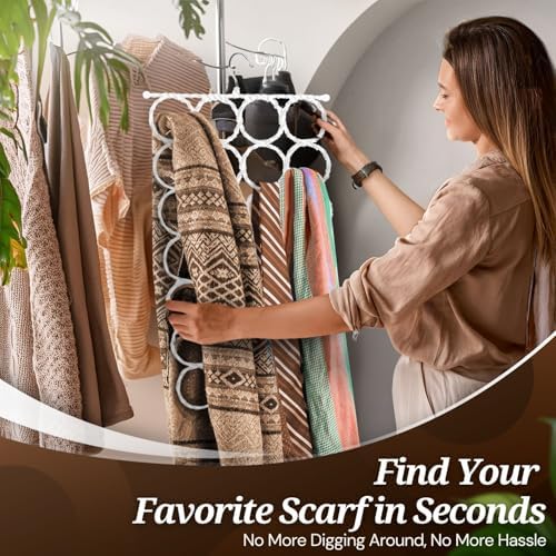 Flexzion Scarf Organizer for Closet - 28 Slot Scarf Hanger Hijab Organizer, Space Saver for Socks, Shawls, Ties, Towels, Belts, Multi Purpose Hanging Rack Storage, 2 Pack White - Image 5