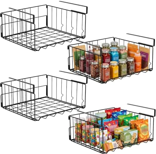 Under Shelf Basket Storage, Steel Under Shelf Hanging Wire Baskets Shelves for Laundry Room Kitchen Desk Pantry Bookshelf (Black, 4 Pack) by Resulzon