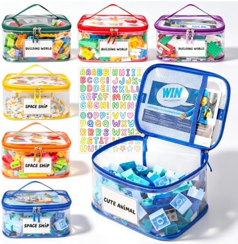 Tesuko 6 Pack Clear Toy Storage Bag with Name Tag& Manual Pocket, Waterproof Transparent PVC Toy Organizer Case for Lego Bricks, Board Games, Building Blocks, Puzzles (Large Capacity, Colorful) by Tesuko
