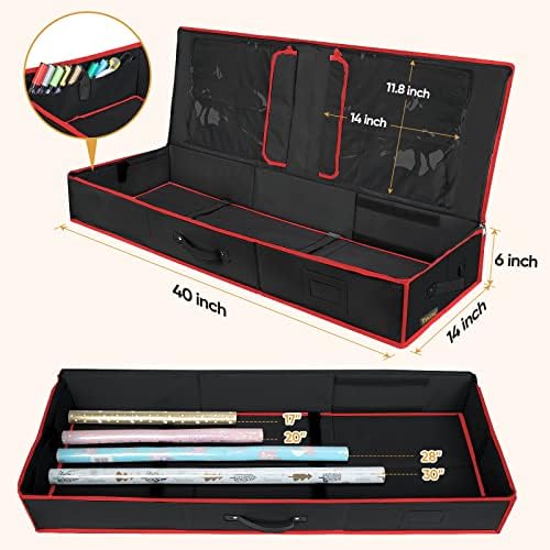 BALEINE Wrapping Paper Storage Organizer, 40" Durable 600D Oxford Fabric Gift Wrap Storage Bag with Flexible Partitions for Ribbon, Holiday Accessories (Black/Red) - Image 4