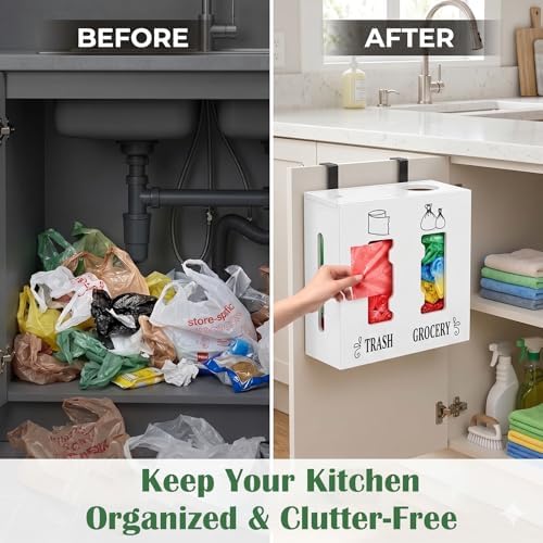2 in 1 Trash Bag Dispenser and Grocery Bag Holder, Large Wooden Trash Bag Holder,Trash Bag Dispenser for Grocery Bags and Plastic Bags,Kitchen Cabinet Under Sink Organizers and Storage - Image 2