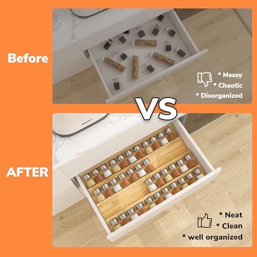 AMBIRD Bamboo Spice Drawer Organizer with Non-slip Mat,4 Tier - 2 Set Jar Spice Rack Tray From 9.5''to 19'', Seasoning Organizer for Kitchen,Cabinet,Drawers,Countertop - Image 3
