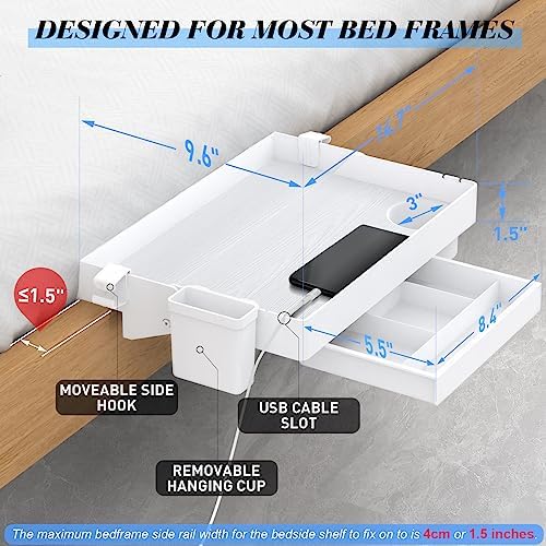 Ronlap Folding Bedside Shelf Bunk Bed Shelf Organizer for Top Bunk Clip On Bed Side Shelf Tray for College Dorm Loft Plastic Bedside Nightstand with Cup Holder, Small Size with Drawer, White - Image 2