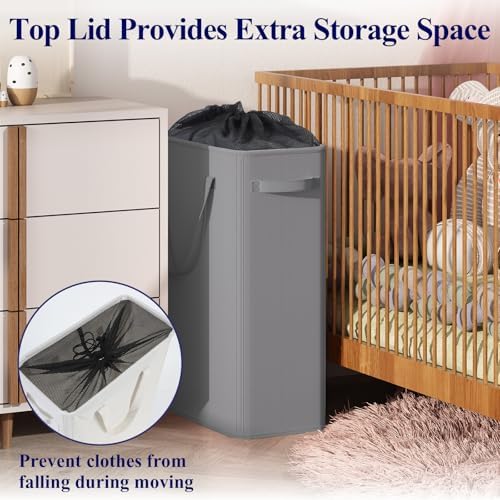 Optish 50L Slim Laundry Hamper, Small Laundry Hamper With Handles, Narrow Laundry Basket for Dorm, Bedroom, Living Room, Collapsible Laundry Basket, Grey - Image 7