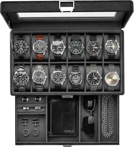 ProCase Premium Watch Box for Men, Jewelry Organizer Box with Drawer, Display Storage Case with Glass Lid -Black, 12 Slot by ProCase