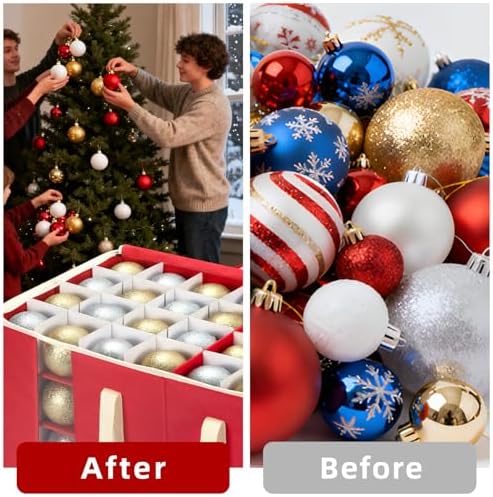 Christmas Visible Ornament Storage Box with Adjustable Dividers/Side Pockets,Ornaments Organizer with Zipper, Storage Container Bin for Christmas Decorations(128 Ball, Red, without Tray) - Image 5