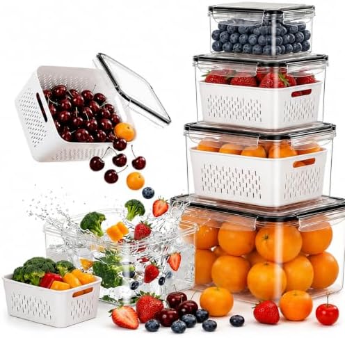 5 Pack Fruit Storage Containers for Fridge with Removable Colanders，5 in 1 Produce Storage Containers with Lids, Leakproof Fridge Organizer Bins for Salad Berry Lettuce Vegetables Meat Keeper Fresh by Unknown