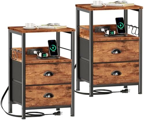 Furologee Nightstands Set of 2 with Charging Station, 2 Fabric Drawers by Furologee