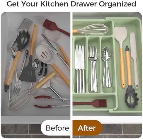 ukeetap Extra Large Expandable Silverware Organizer, Flatware Tray, Green - Image 6
