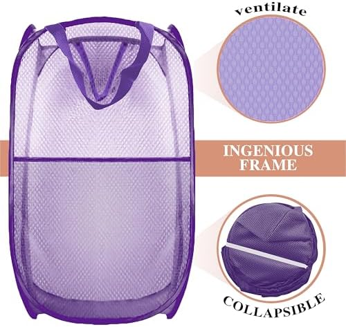 Collapsible Pop Up Laundry Hamper, Extra Large Mesh Foldable Laundry Basket Bag, 28" x 16" x 16", 2 Pack (Black + Purple) - Image 5