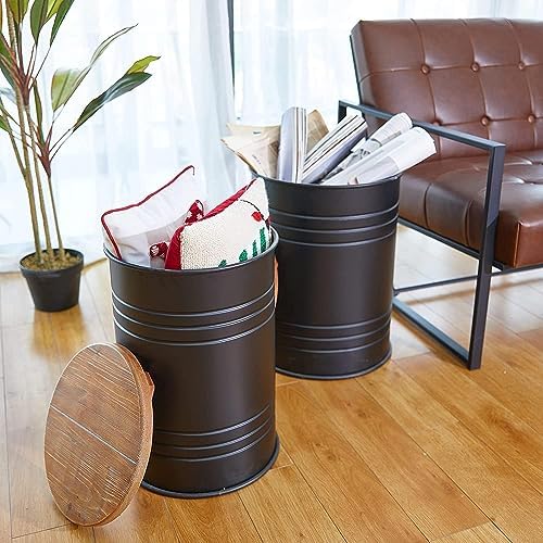 Glitzhome Rustic End Table Set of 2, Farmhouse Galvanized Metal Barrel Ottoman Storage Stool with Round Wood Lid for Living Room Furniture, Black - Image 3
